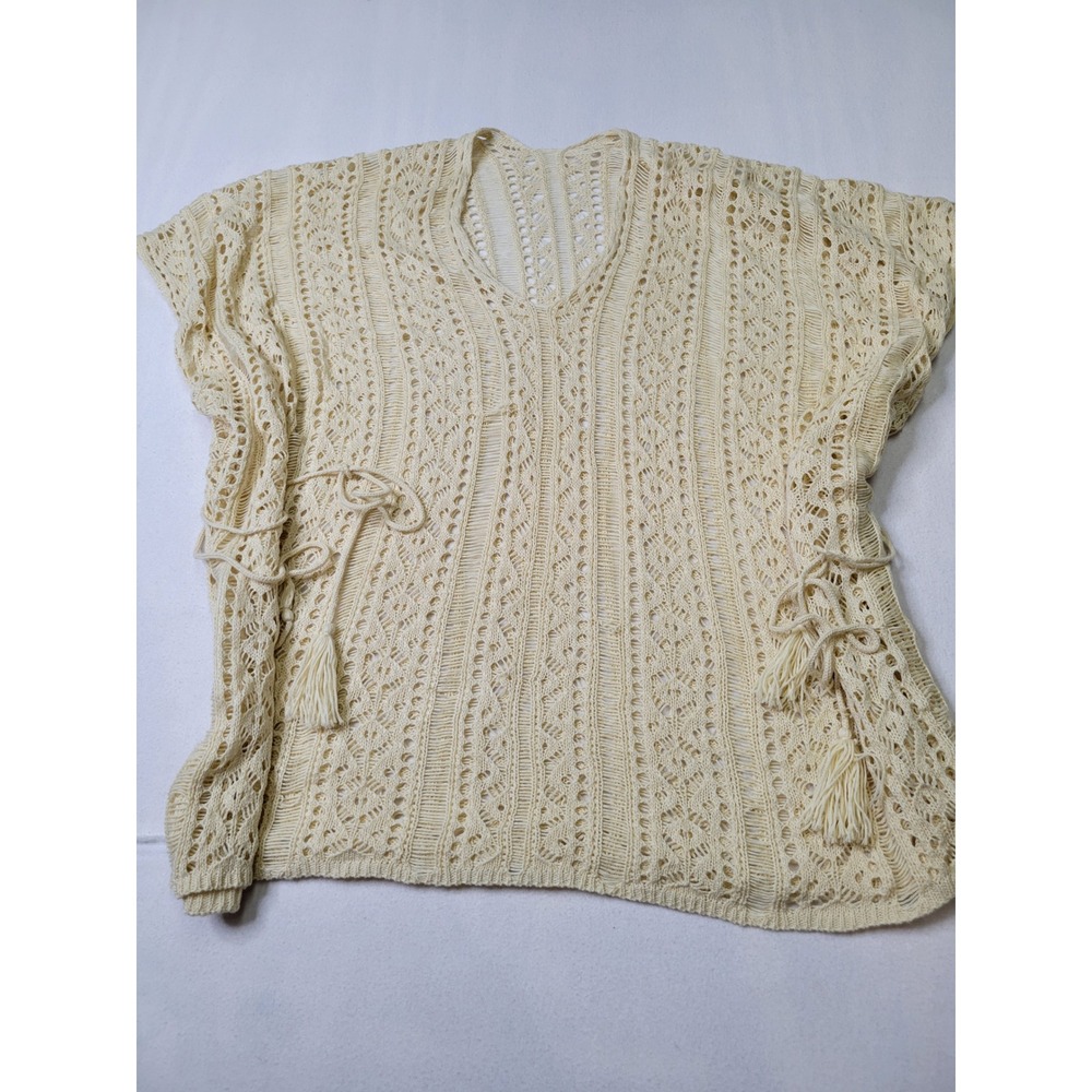 Cream Crochet Knit Poncho V-Neck Tassel Side Tie Boho Cover Up Top 2919